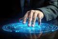 Businessman touching hologram screen with global connection concept on dark background, Businessman hand touching fingerprint icon