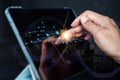 Businessman touching online screen interface IOT. Internet of Things IOT technology database, with icons of typical IoT.