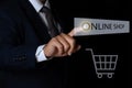 Businessman touching online shop button. e-commerce business online concept