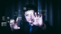 Businessman touching virtual AI screen interface. Future technology concept. Developer analyzing artificial intelligence data Royalty Free Stock Photo