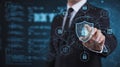 Businessman Touching Virtual Cybersecurity Shield - Data Security & Network Protection Royalty Free Stock Photo