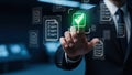 Businessman touching virtual screen with document icons and a green checkmark, symbolizing approval and successful completion Royalty Free Stock Photo