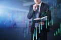 Businessman, trader checking his previous prediction about stock