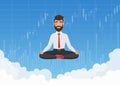 Businessman trader meditating in the sky. Meditative businessman relaxing over clouds with stock exchange graph charts