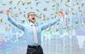 Businessman trader winner, in cash rain of dollars notes