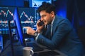 Businessman trading dynamic graph calling to consult high profit. Sellable.