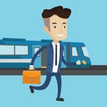 Businessman at train station vector illustration.