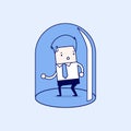 Businessman trapped in glass bulb. Cartoon character thin line style vector.