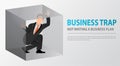 Flat businessman trapped inside uncomfortable small box. Claustrophobia. Fear of closed spaces. Business problems and failure at w