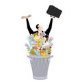 Businessman in Trash can. Business of garbage. Tie and case. rub