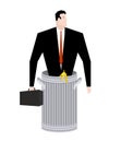 Businessman in Trash can. Business of garbage. Tie and case. rub