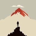 Businessman, traveler or man standing on peak mountain. Minimalist vector illustration