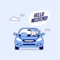 Businessman traveling by car and say Hello weekend. Cartoon character thin line style vector