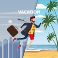 Businessman travels from winter to summer, from a gray winter city to a tropical resort, for advertising, ads, card