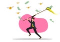 The businessman tries to catch the winged money and coins with the butterfly net. Entrepreneur Man Happy Using Business