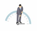 Businessman tries to stop time and pulls the clock hand back illustration. Business time startegy vector design