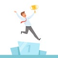 Businessman with trophy. Manager happy with golden trophy cup in hands for business winner vector character isolated Royalty Free Stock Photo