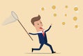 Businessman trying to catch flying coins. Vector illustration Royalty Free Stock Photo