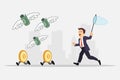 Businessman trying to catch the money. Money with wings and Coin with feet. Business concept. Vector illustration Royalty Free Stock Photo