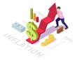 Businessman trying to keep dollar arrow chart from falling, flat vector isometric illustration. Economic inflation. Royalty Free Stock Photo