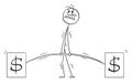 Businessman Trying to Lift Heavy Dollar Barbell, Vector Cartoon Stick Figure Illustration