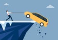 Businessman trying to save his car illustration. Financial problems of debt or loan flat vector