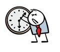 Businessman is trying to stop time. Vector illustration of a man pulling, holding the hands of a large clock. Deadline Royalty Free Stock Photo