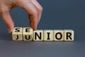 Businessman turns cubes and changes the word 'junior' to 'senior'. Beautiful grey background co