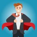 Businessman turns in Superhero with red cape