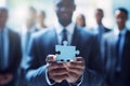 businessman two hand holding a peice of puzzle,group of peoples, Generated AI