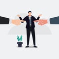 Businessman among two pointing hand. Businessman witness the conflict between two hands pointing each other vector illustration Royalty Free Stock Photo