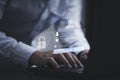 Businessman typing on keyboard laptop computer to input username and password for technology security system and prevent hacker Royalty Free Stock Photo