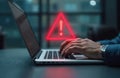 Businessman typing on laptop with triangle caution warning sign for notification error, maintenance. Developer using computer