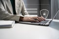 Businessman typing login and password in the concept of cyber security, information security, data protection, and encryption for Royalty Free Stock Photo