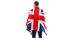 Businessman with the UK flag, view from the back.