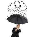 Businessman with umbrella and a angry cloud with rain. Concept of crisis and financial troubles. Isolated on white