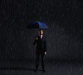 Businessman with umbrella standing under the rain. Dark, dramatic background. Business, failure, crisis, concept.