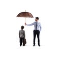 Businessman with umbrella that protect a child. Concept of young economy and startup protection Royalty Free Stock Photo