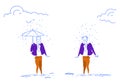 Businessman with umbrella protection man under rain unprotected business competition concept horizontal sketch doodle