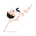 Businessman unhappy or fail and going down on the red arrow trend