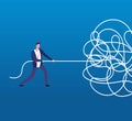 Businessman unraveling tangled rope. Difficult problem, chaos and mess vector business concept