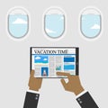 Businessman use digital tablet for reading content about vacation time for travel information,plane window with sky view