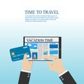Businessman use digital tablet for reading about travel information and holding credit card in hand. vector illustration