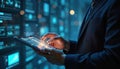 Businessman uses digital tablet with code. Engineer controls system. Online electronic network, global cyberspace. Modern Royalty Free Stock Photo