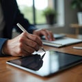 Businessman uses digital tablet in office. Closeup on hand holding pen, tablet screen. Modern tech workplace. Focused work in Royalty Free Stock Photo