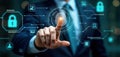 Businessman uses fingerprint scan for personal data access. Secure tech solution for personal info. Biometric identification