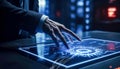 Businessman Uses Holographic Touchscreen to Manage Complex IoT Networks Royalty Free Stock Photo