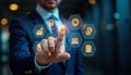 Businessman uses visual screen to manage documents, ERP data. Interacts with digital icons for document management, enterprise