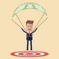 Businessman using bank note as a parachute. focused on a target. Business concept. Vector illustration