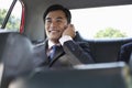 Businessman Using Cellphone In Backseat Of Car